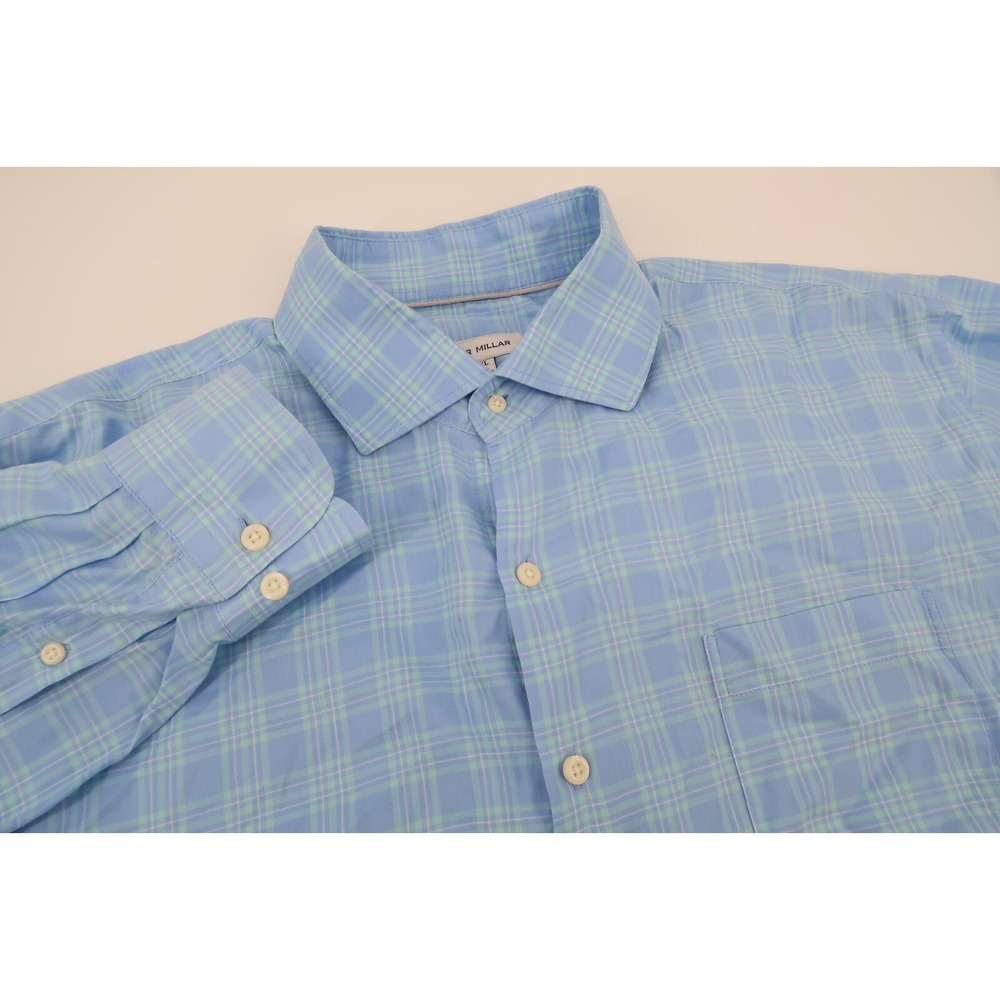 Peter Millar Crown Mens XL Patton Cotton Sport Button Up Shirt Blue Plaid‎